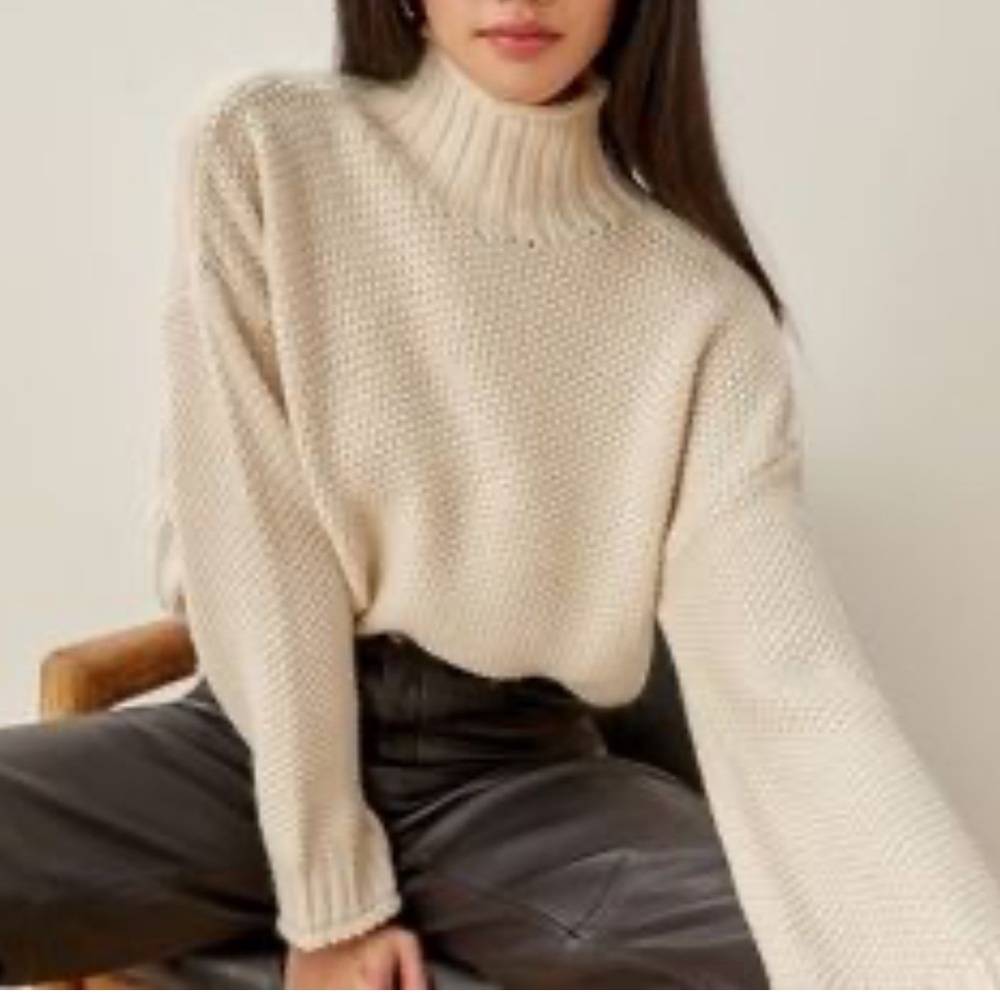Reformation Ivory Mock Neck Baby Alpaca Cream Knit Sweater